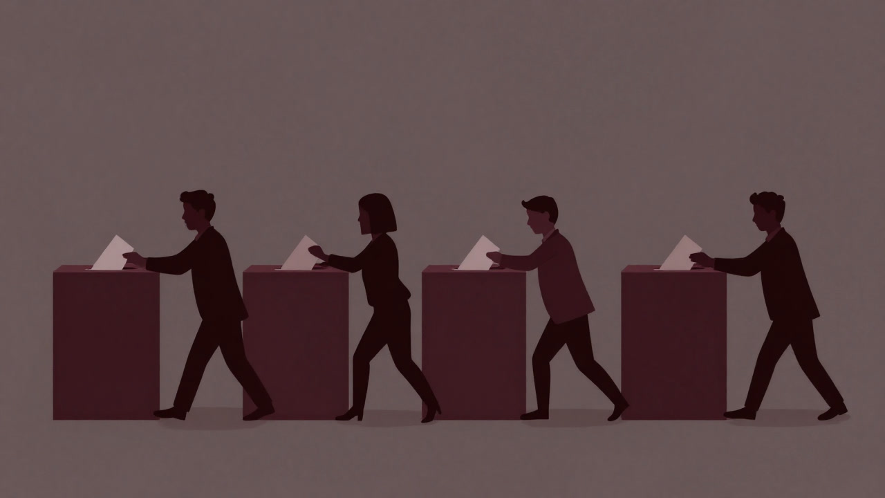 Satirical illustration of self-interested voters pushing each other in a polling station.