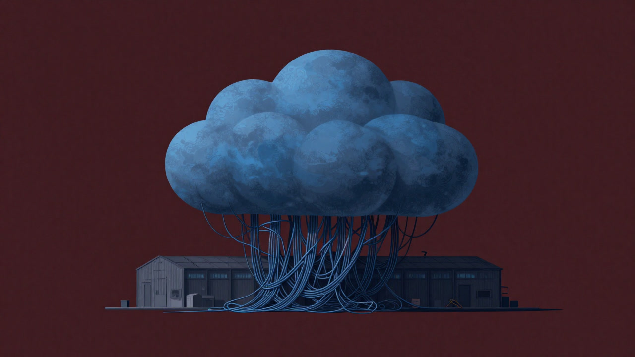 An illustration of a giant warehouse shaped like a blue cloud, tangled with countless cables with swirling data.