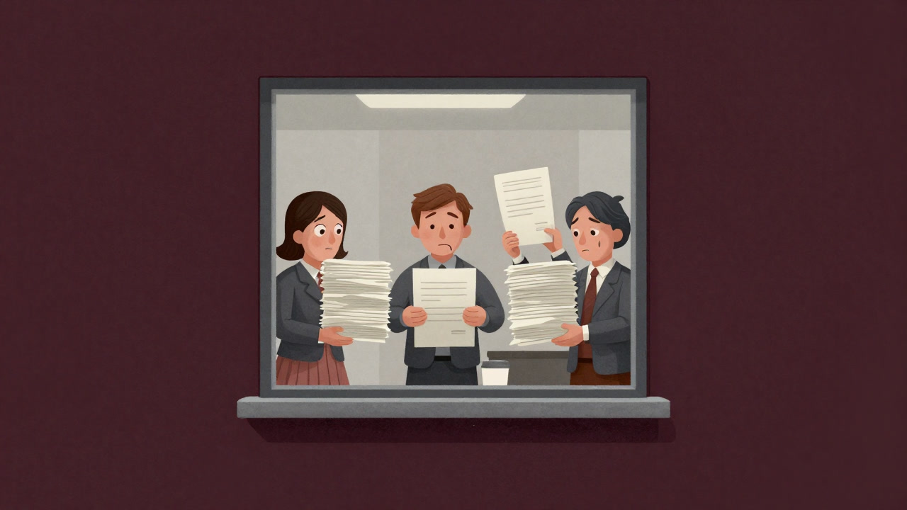 市民が紙を山積みにして提出窓口に並ぶ、諦めと期待が交錯する光景