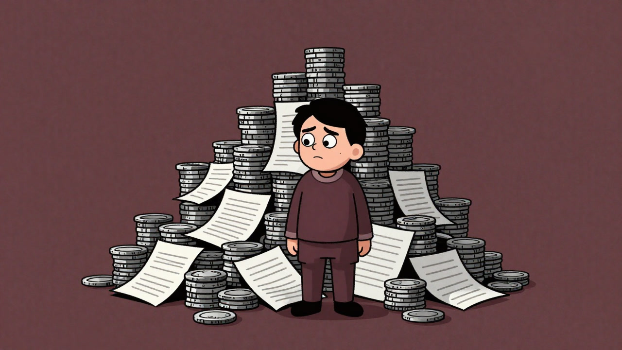 膨れ上がる負債の山を背景に、困惑した表情の国家擬人化キャラクターのイラスト