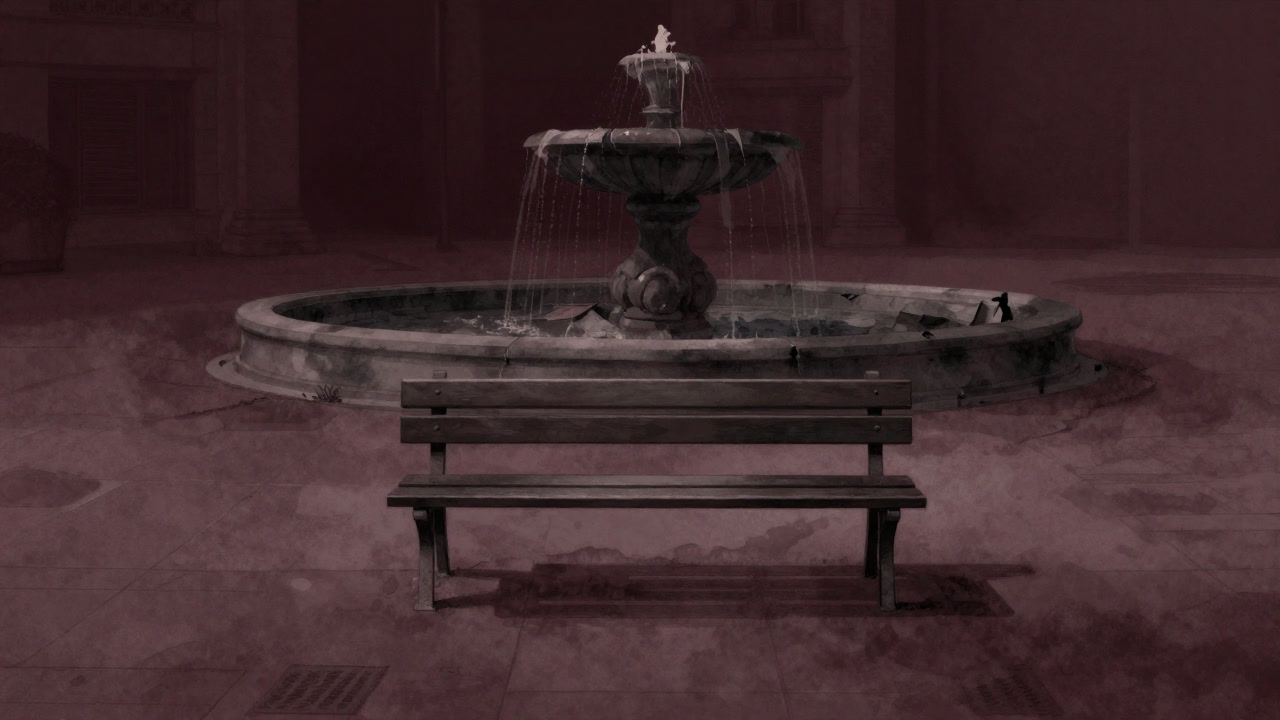 Illustration of a lone bench in a dimly lit square with a decaying fountain in the background symbolizing a public good
