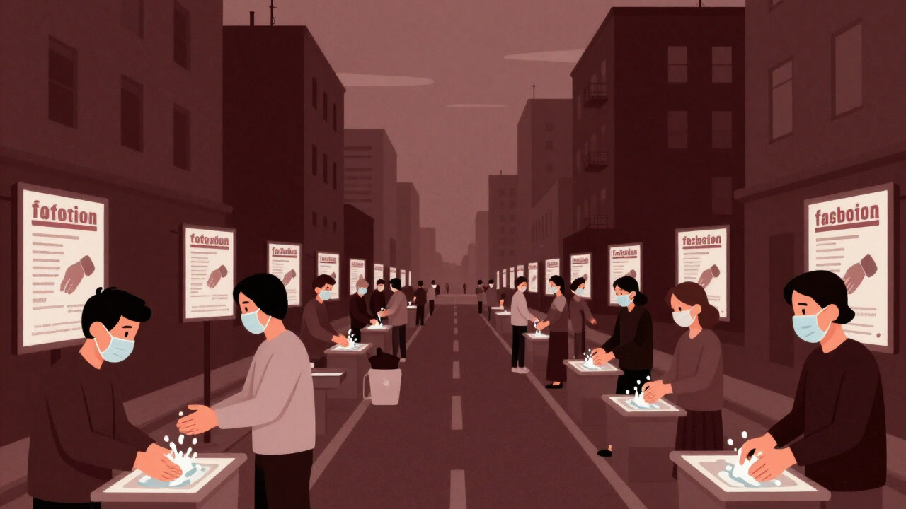 Illustration of people buried in a sea of small masks and hand-washing posters