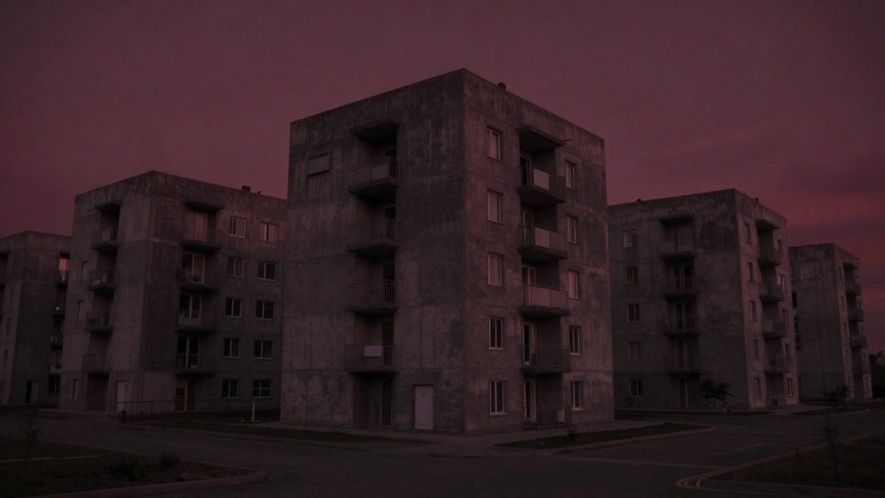 無機質なコンクリート壁が連なる公営住宅群の夕景。どこにも帰る場所がないような静寂が漂う。