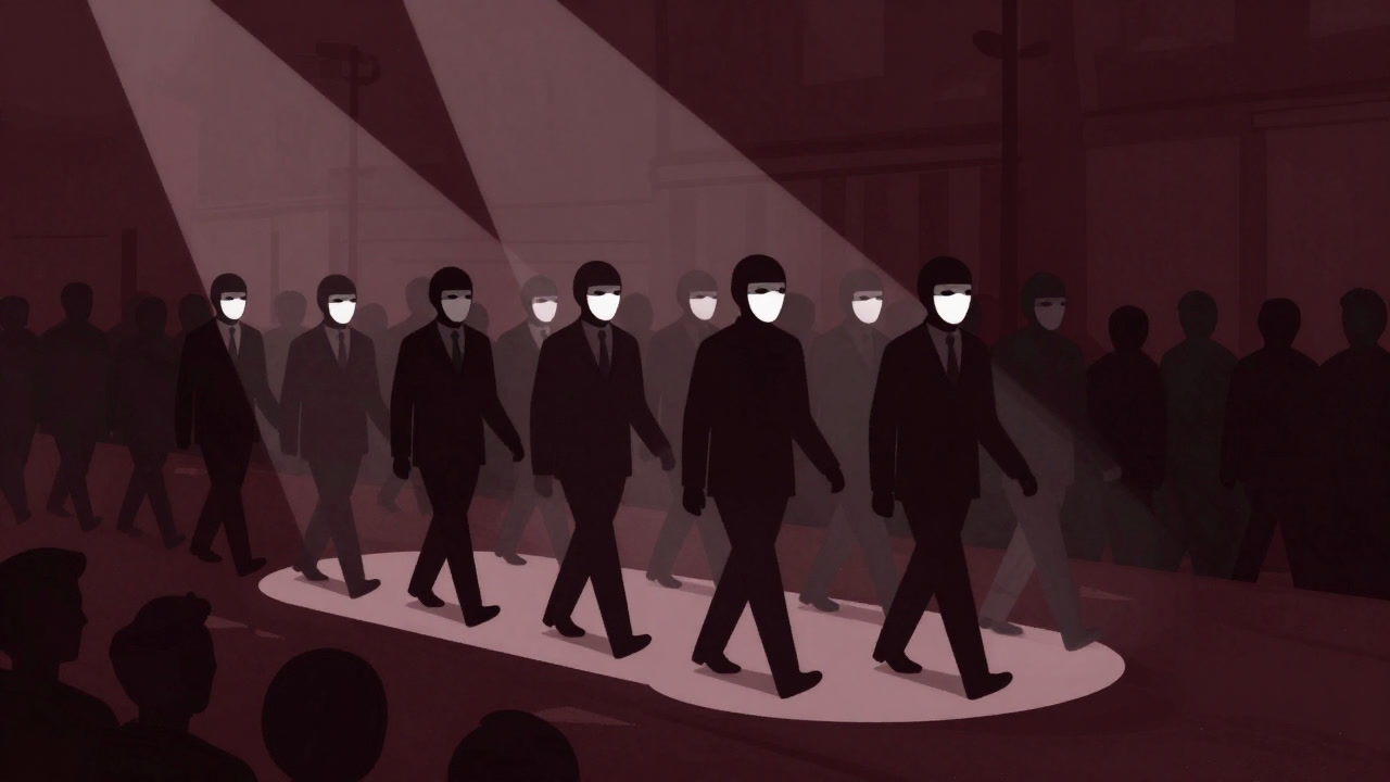 人々の視線を浴びながら、演技を続ける仮面をつけた人々の行進