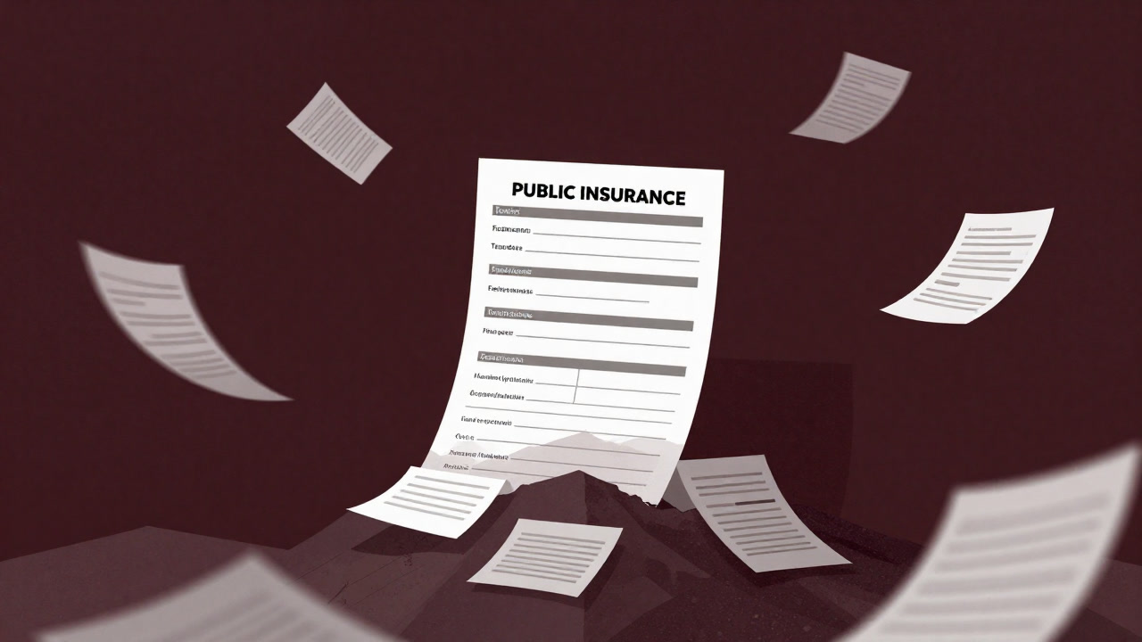 山のような申請書の上に、重たげに佇む公的保険の申し込み用紙のイラスト