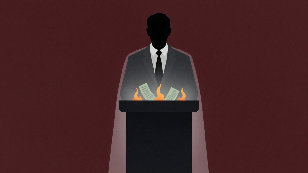 Silhouette of a politician wearing a glowing transparent cloak on a podium