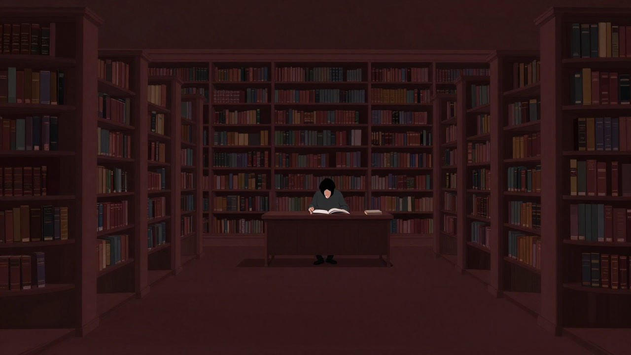 静かに並ぶ本棚と、閲覧席に座る影だけが見える、薄暗い公共図書館の室内の画像