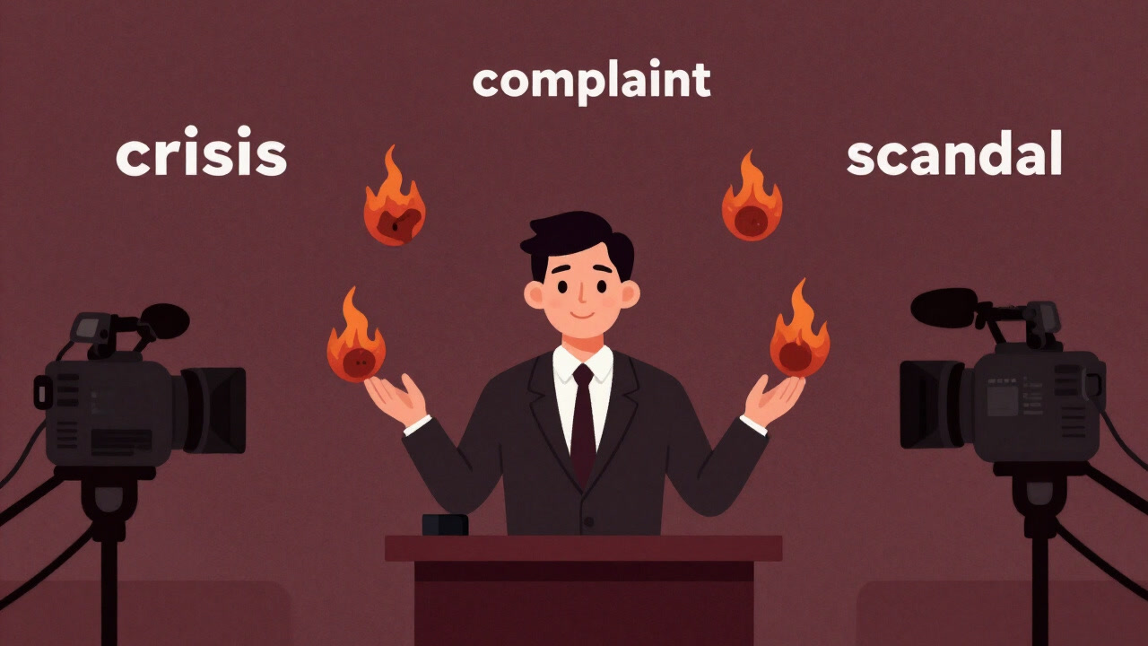 Illustration of a PR officer smiling during a press conference but teetering precariously behind the scenes