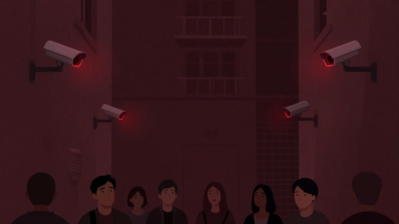 路地裏に設置された防犯カメラが赤いライトを点滅させ、市民が無言で見上げる様子を映すイラスト
