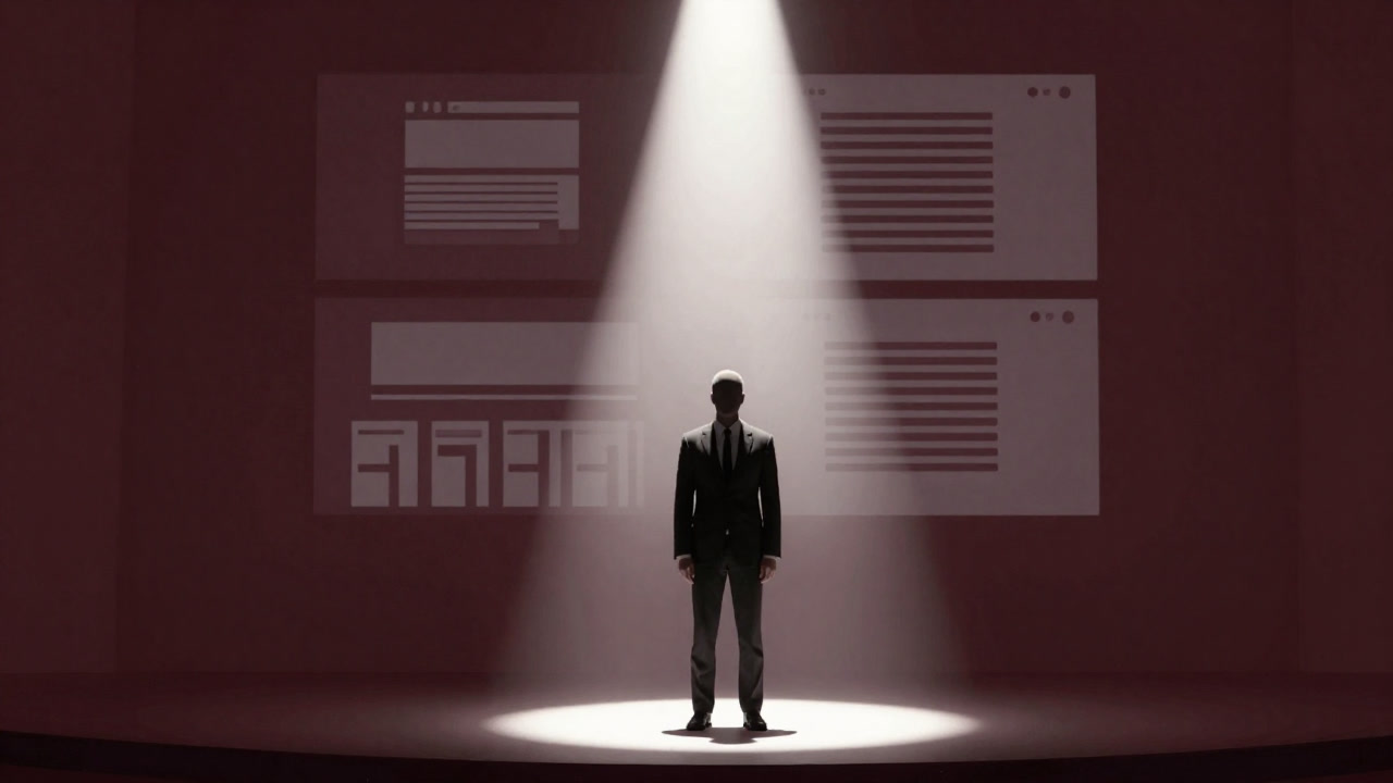 ステージ上でビームを浴びながら無表情でスライドを投影する発表者のイラスト