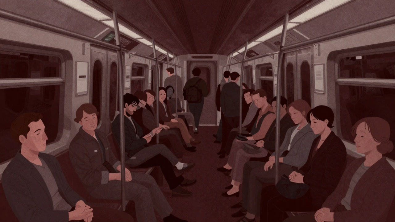 Image of a crammed train interior with passengers standing shoulder to shoulder, looking hollow-eyed.