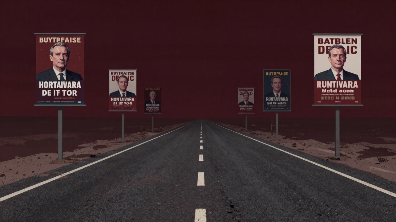 砂ぼこりを上げる未完成の道路と背景に立つ選挙ポスターの風景