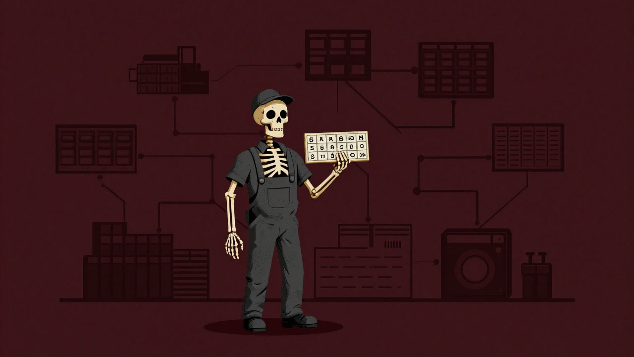 Illustration of a skeleton worker holding a kanban card in front of a logistics network map.