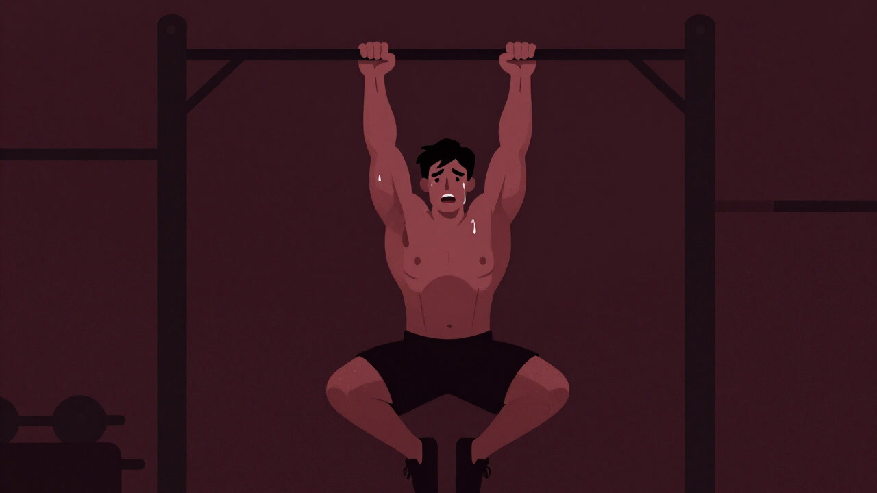 Silhouette of a person hanging from a pull-up bar, struggling to lift their body.