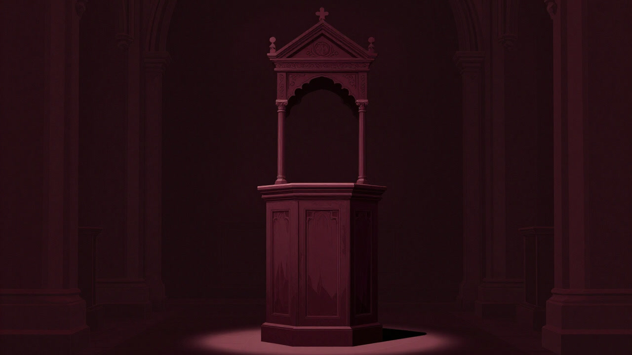 Image of a heavy wooden pulpit bathed in a spotlight within a dim chapel