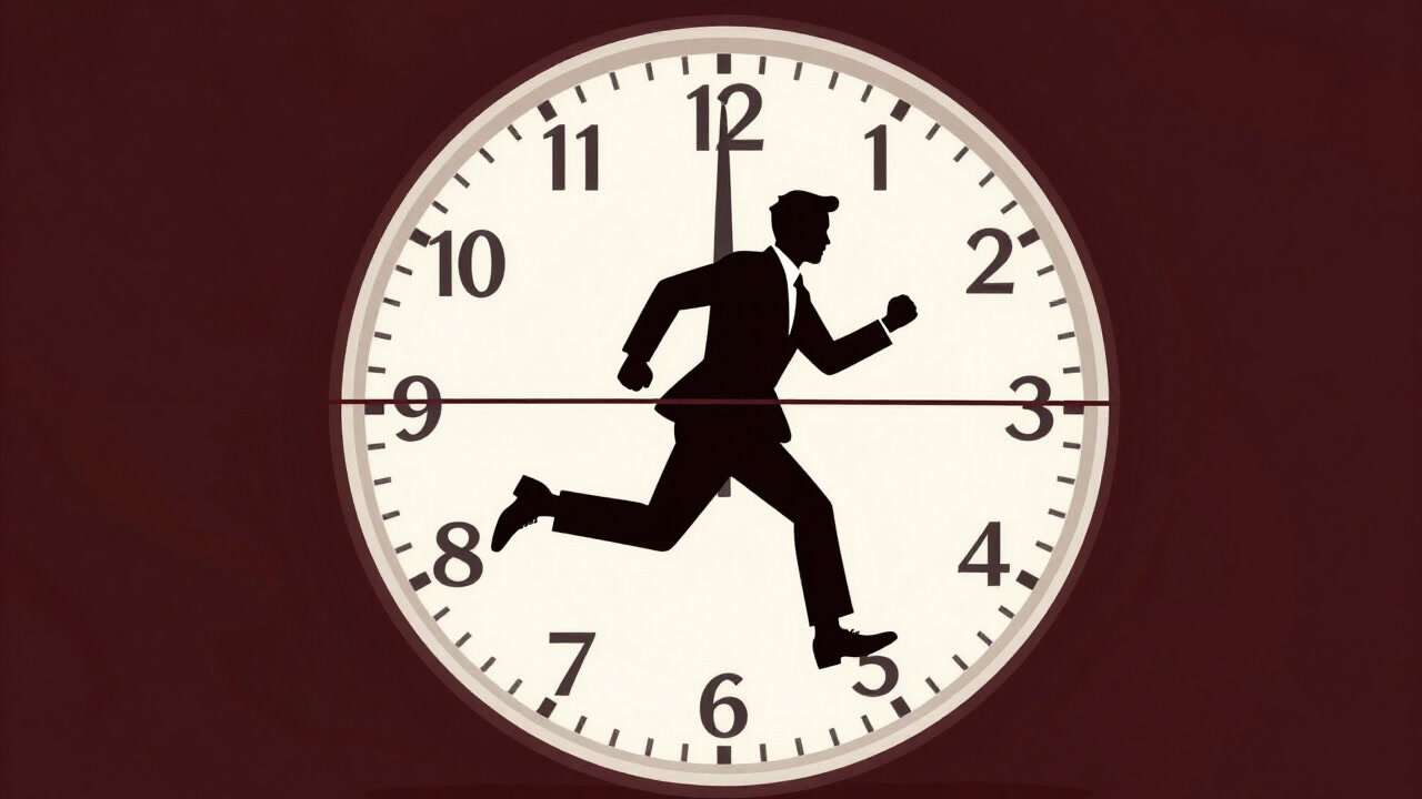 Silhouette of a businessman tied to a running clock's second hand, desperately racing.