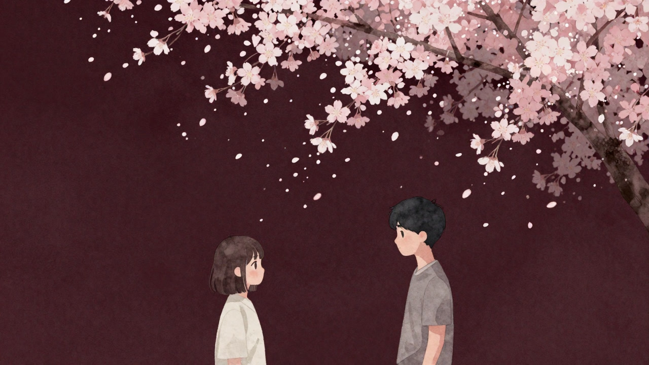 夜桜の下、向かい合いながらそっと視線を交わす二人のシルエット。