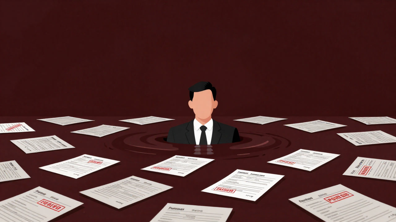 Illustration of a salaryman overwhelmed by a pile of purchase orders and stamps on his desk