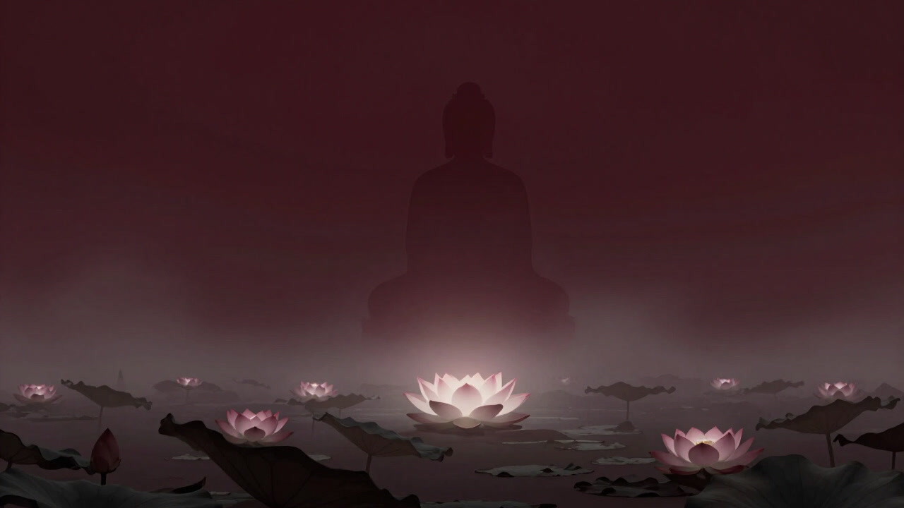 蓮の池を背景に、ぼんやりと浮かぶ極楽浄土をイメージした幽玄な光景。