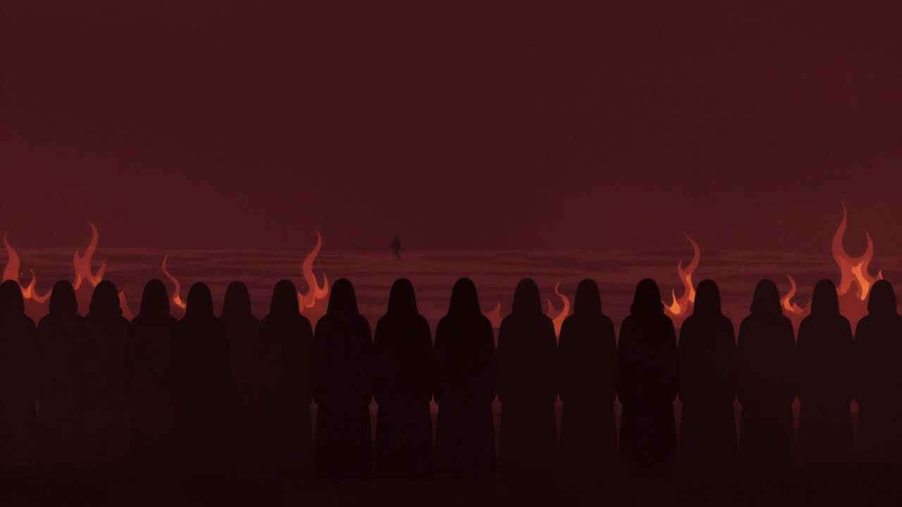 無限に続く炎の前に並ぶ魂たちのシルエットが浮かぶ暗い風景