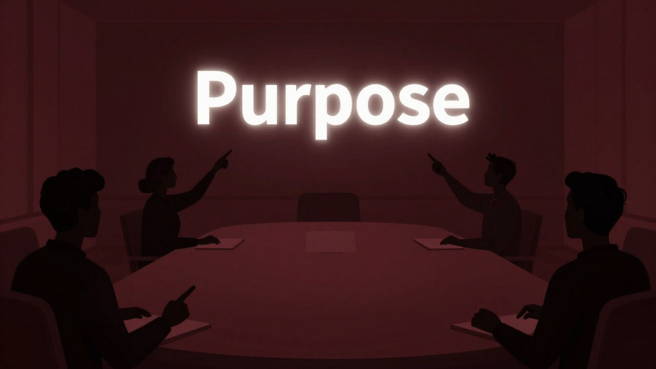 An eerie illustration of the word "Purpose" glowing in midair as people point at the void in a conference room.