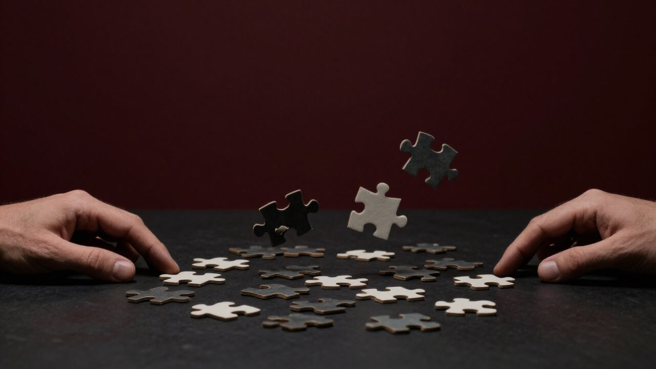 Image of puzzle pieces scattered mysteriously just out of reach.