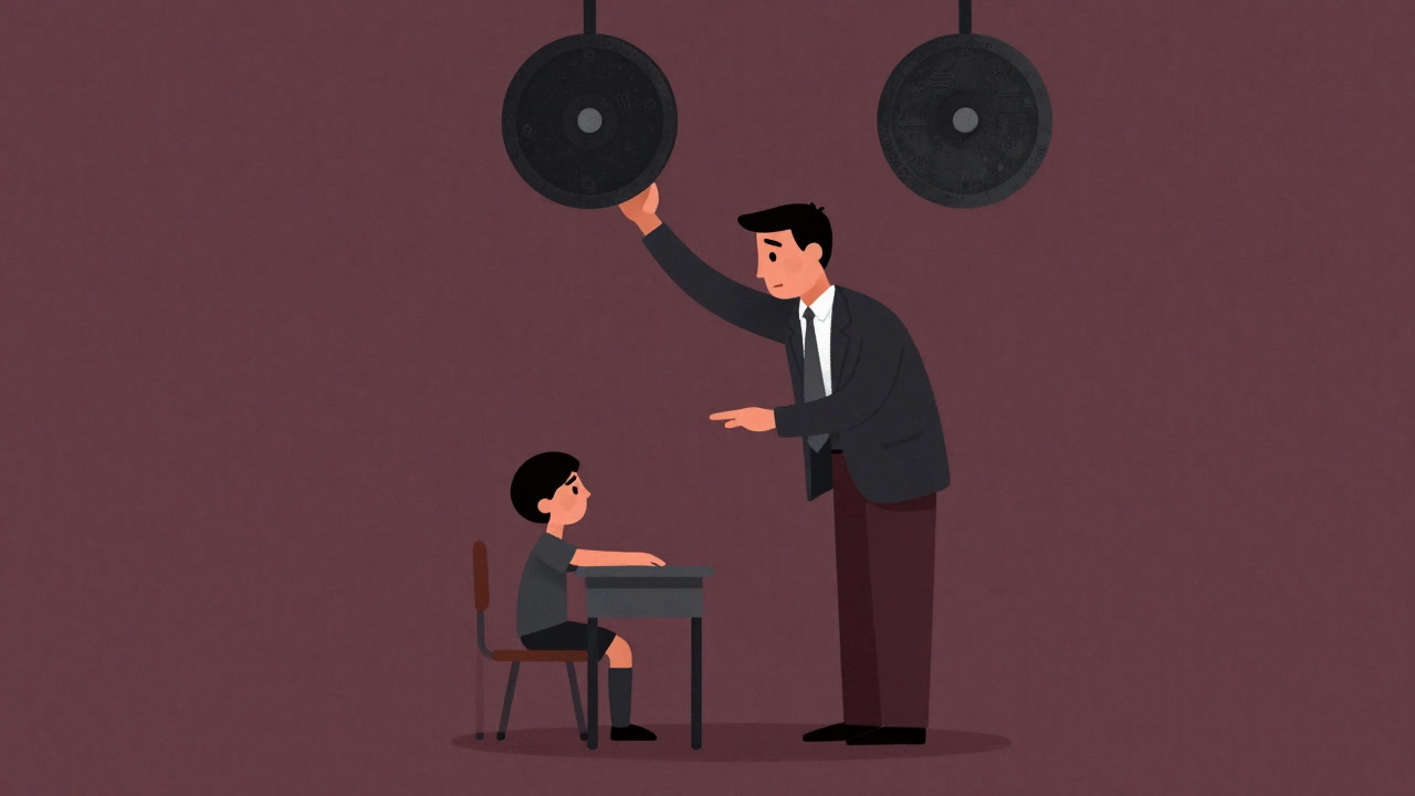 Illustration of a student crushed under the weight of a giant teacher’s expectation.