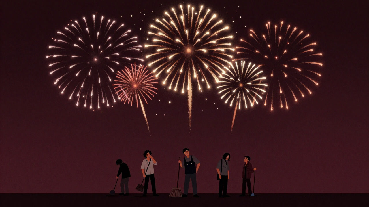 Illustration of colorful fireworks bursting against the night sky, with people holding cleaning tools and wry smiles beneath.