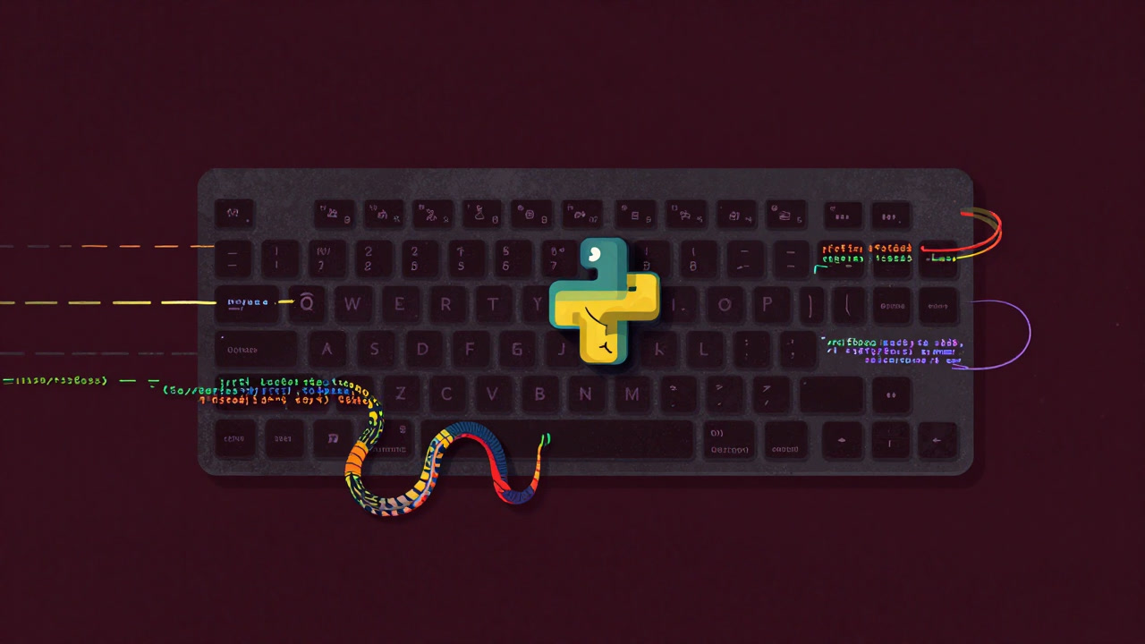 An illustration of a keyboard entwined with serpentine code lines, the Python logo grinning slyly