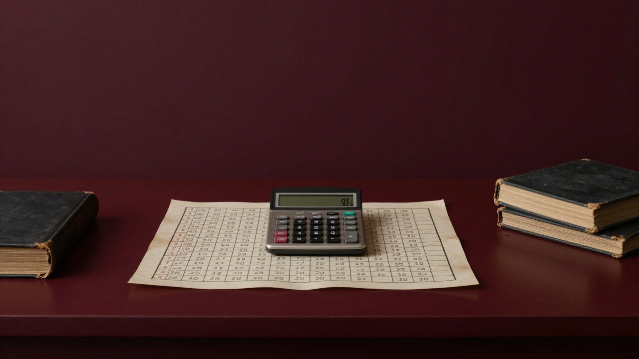 Photo of a cluttered desk with a calculator and worn books used by a fortune-teller.