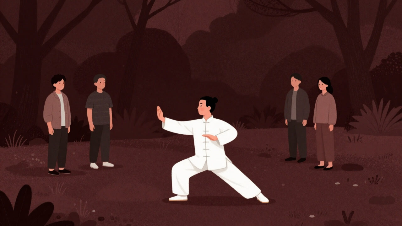 公園で気功のポーズを取る白装束の人物と、それを不思議そうに見る通行人の画像