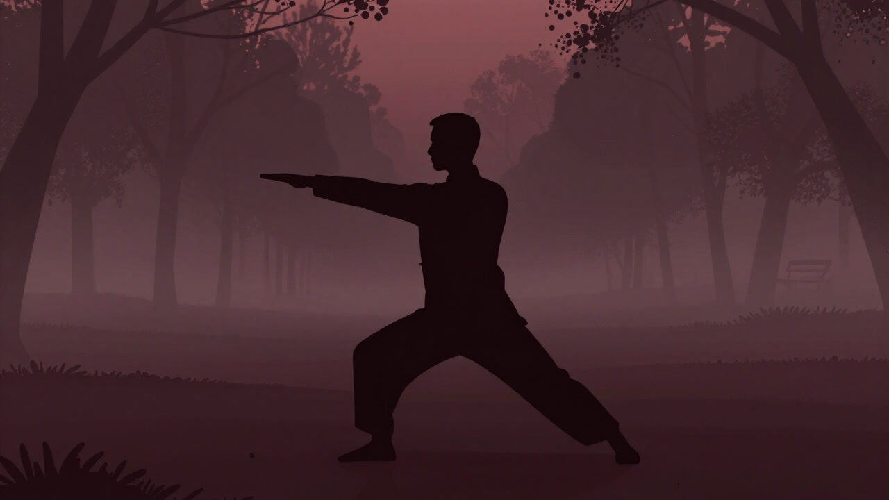 Silhouette of a qigong practitioner waving hands slowly in a park at sunrise