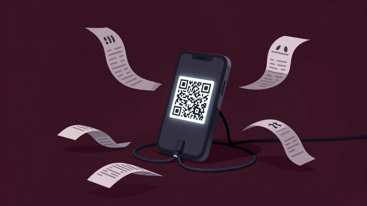 A smartphone entangled in cables in a dimly lit room, trembling before a QR code