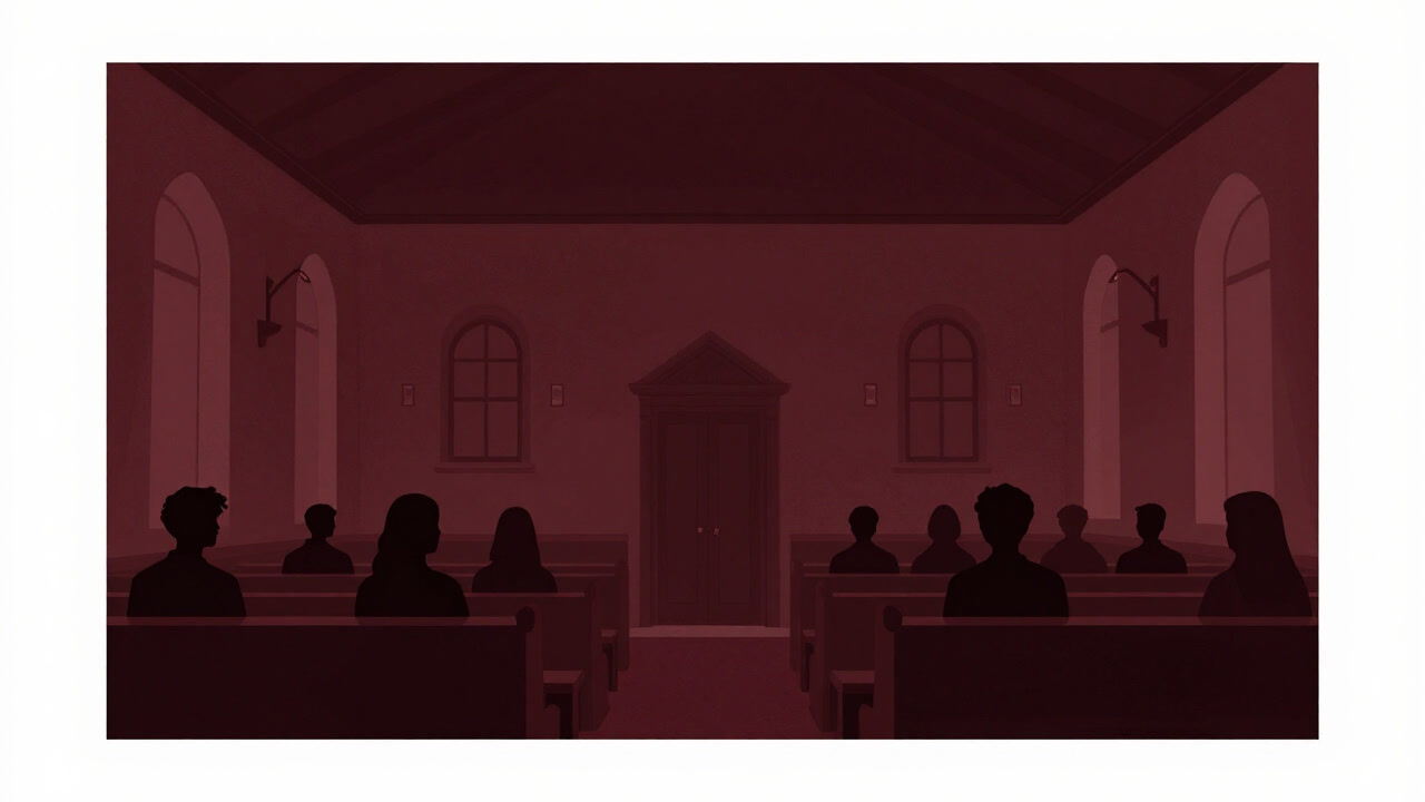 薄暗い集会所で長机に黙々と座る人びとのシルエット