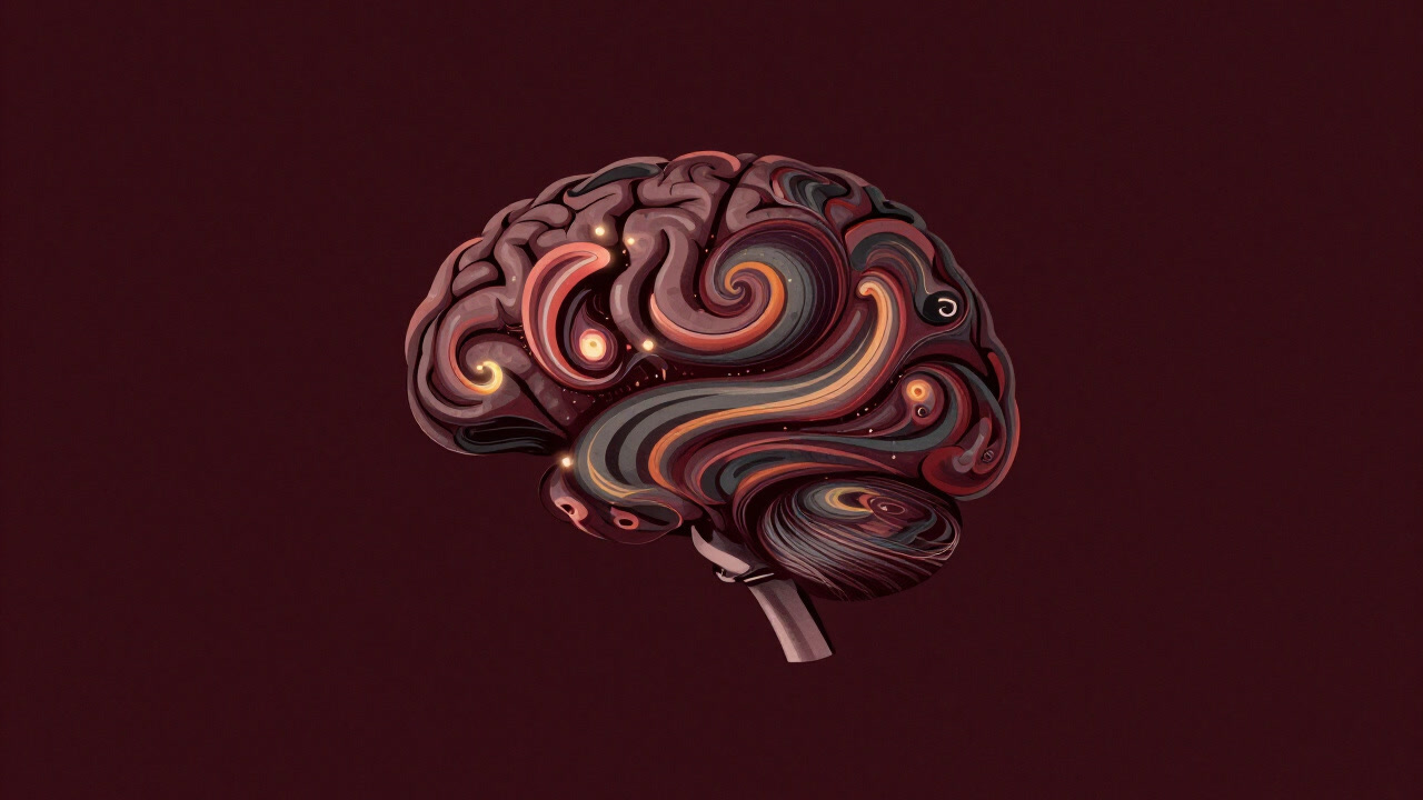 虹色の渦が脳内で渦巻き、抽象的な光の点が飛び交うイメージ。