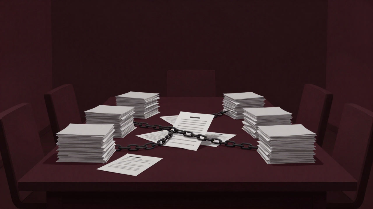 A conference room table piled high with documents chained up, with evaluation papers haphazardly strewn on top.