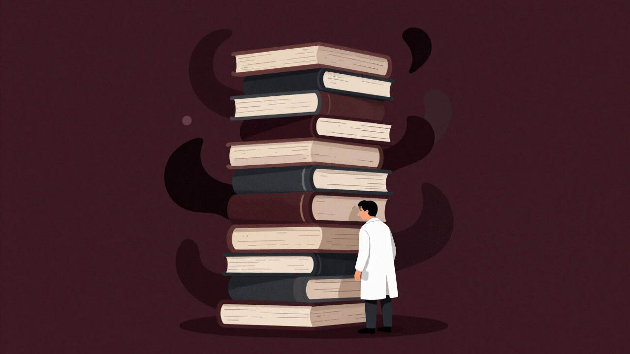 Illustration of a researcher standing before a mountain of literature, looking overwhelmed by a swirling vortex of ambiguity.