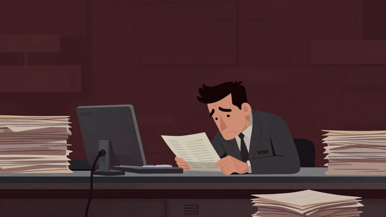 大量の帳票に埋もれ、疲弊した表情で製品を監視する検査員の様子