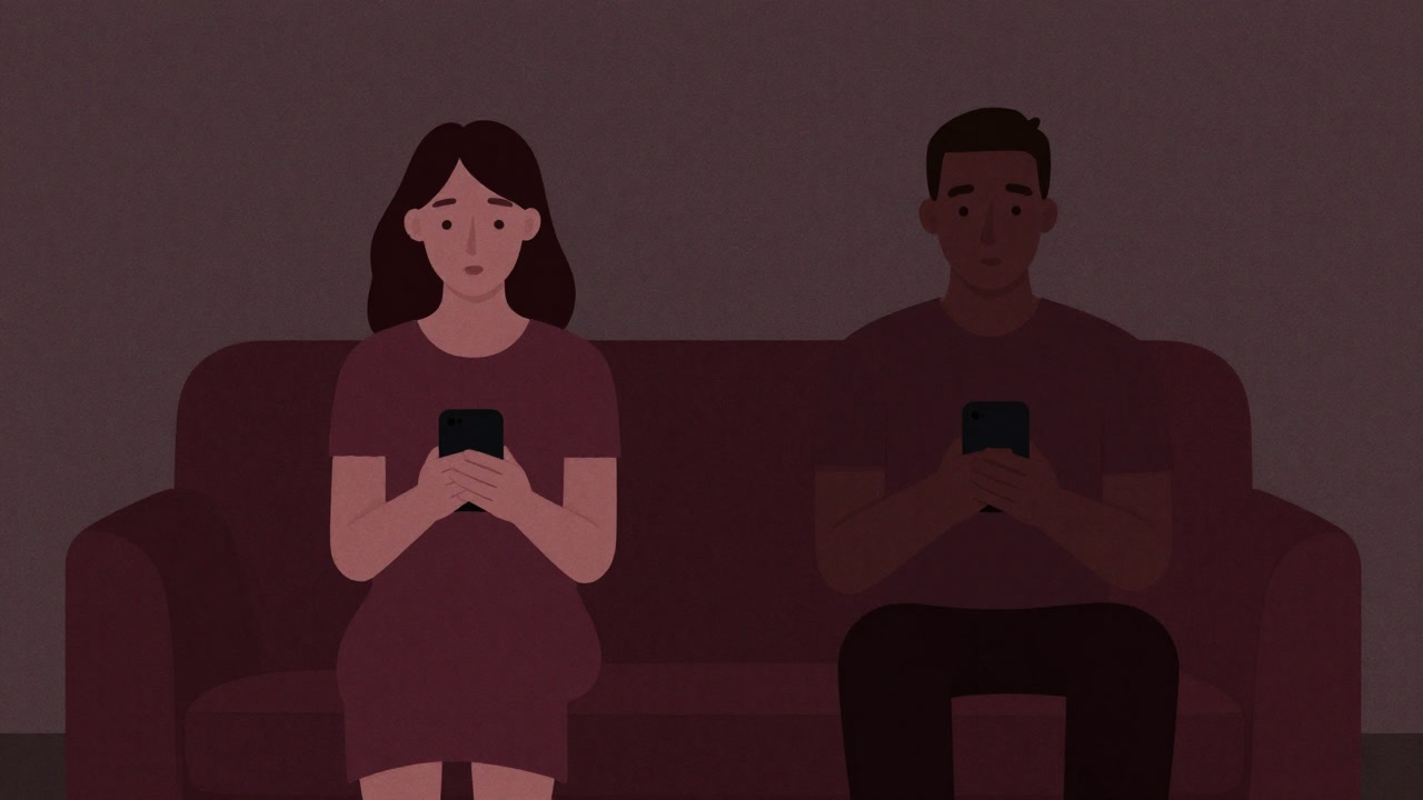 Illustration of a couple sitting on a couch facing each other in silence while holding smartphones