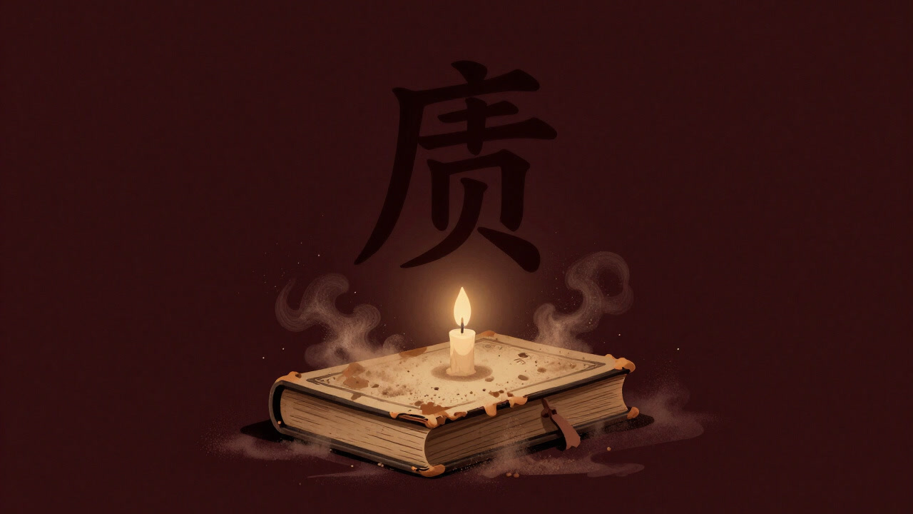 Dark fantasy style illustration of the character for "quality" hovering above an old dusty book, glowing faintly amid the dust.