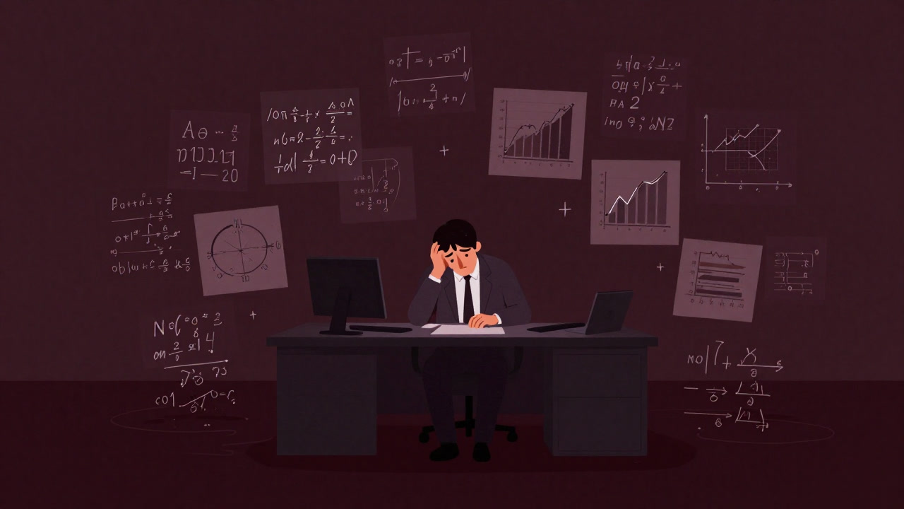 Illustration of a quant drowning in a sea of equations in a corner office.