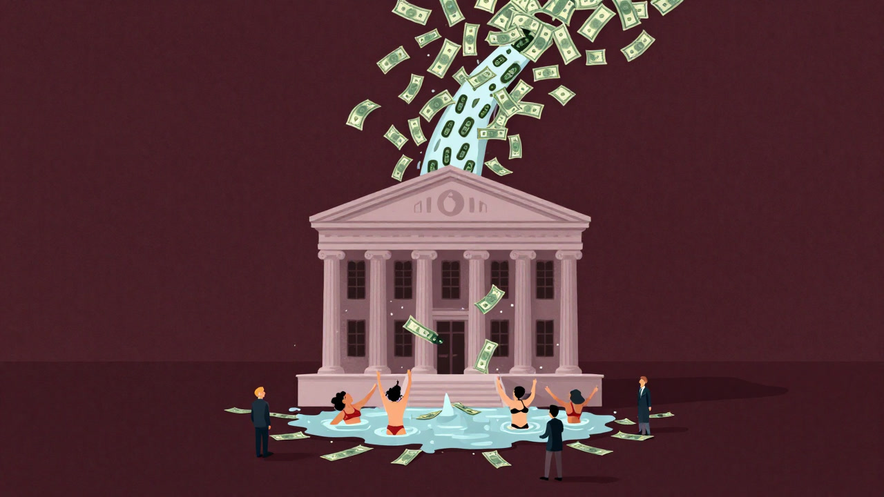 Bills cascading like a waterfall from a central bank building, with investors rejoicing below