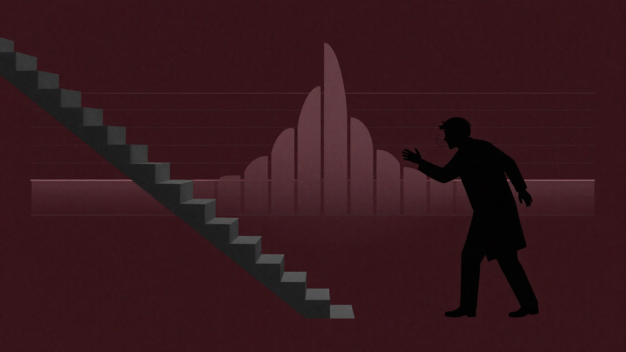 Illustration of a tormented researcher silhouette spreading arms against a background of a spectrum being staircase-like converted