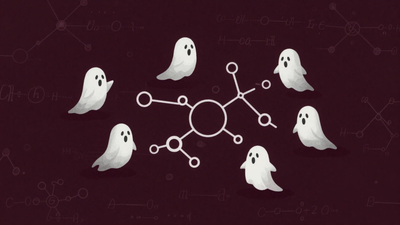 電子を数式の幽霊として描いた、奇妙で滑稽な化学反応の概念図