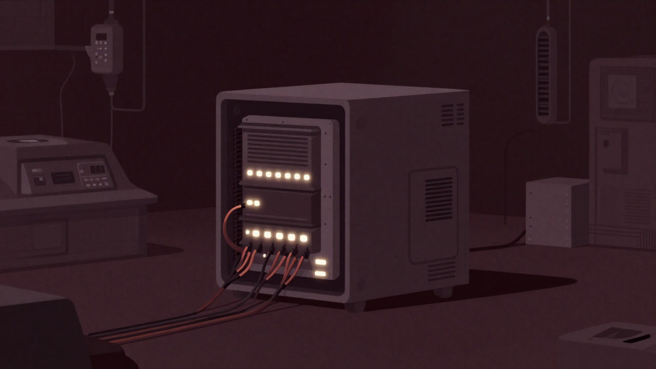 Close-up of a quantum computer's cryogenic module with numerous glowing tubes blinking eerily in a lab setting