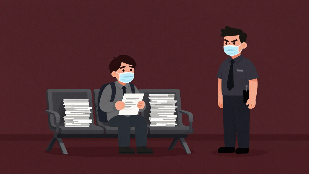 空港の待合室で書類に囲まれ怯える旅行者の横で、厳つい検疫官が笑顔を浮かべるイラスト