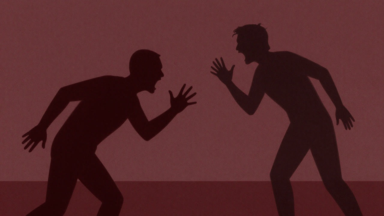 怒鳴り合う二人のシルエットが赤い背景に浮かぶイラスト