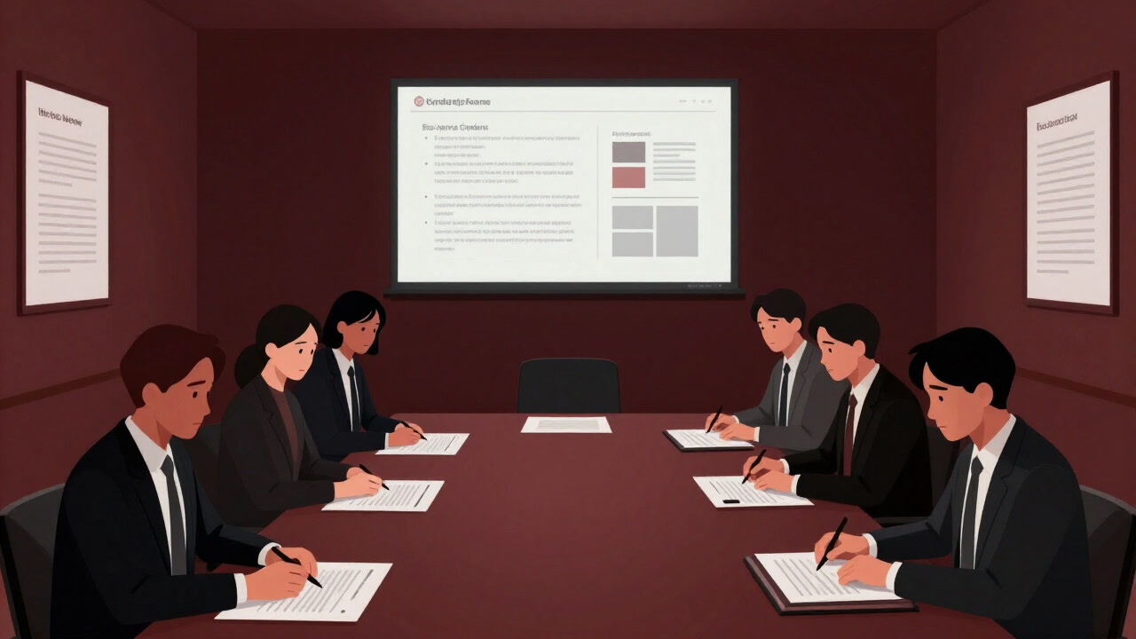 Illustration of nervous employees around a long table staring at documents