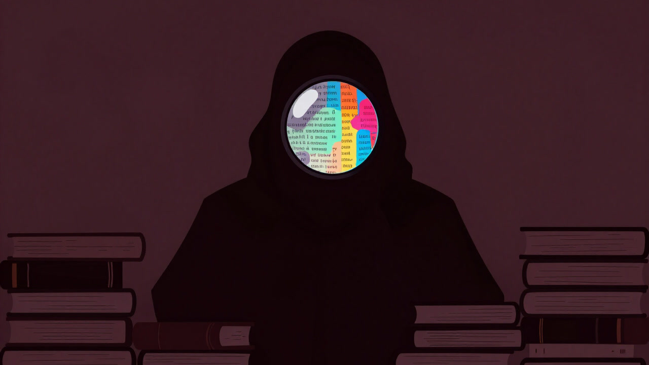 本の山に囲まれ、鮮やかな色のレンズを覗き込む学者のシルエット