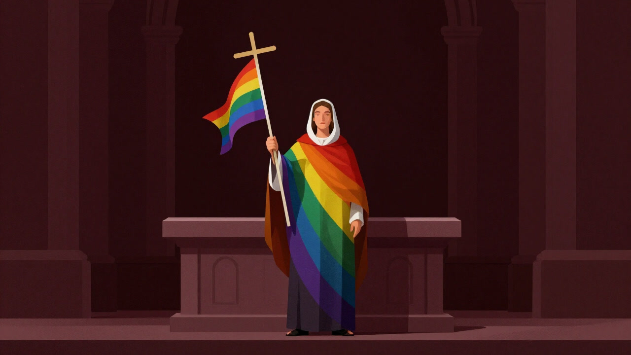 祭壇の前で虹色のローブをまとった人物が十字架の代わりにレインボーフラッグを掲げるイラスト